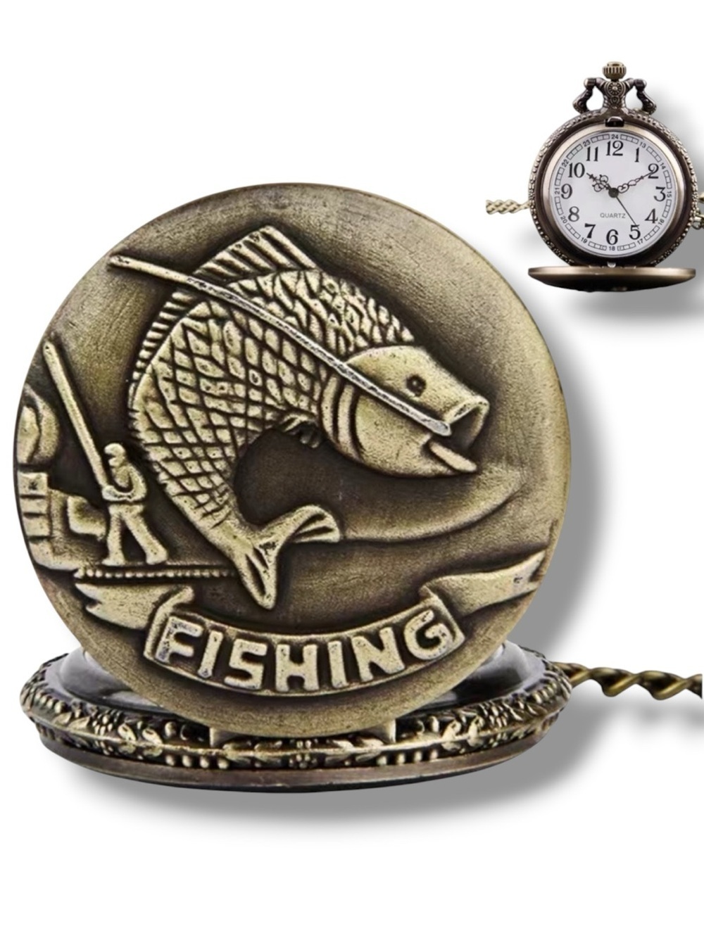 Pocket Chain Watch Fishing Theme Sportsperson Bronze Steampunk Retro Style Gift